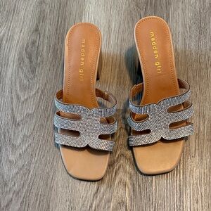 Madden Girl Tan Slide Heels with Silver Crystal Straps